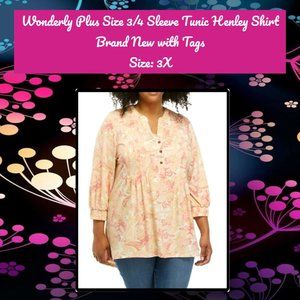 Wonderly Plus Size 3/4 Sleeve Tunic Henley Shirt 3X